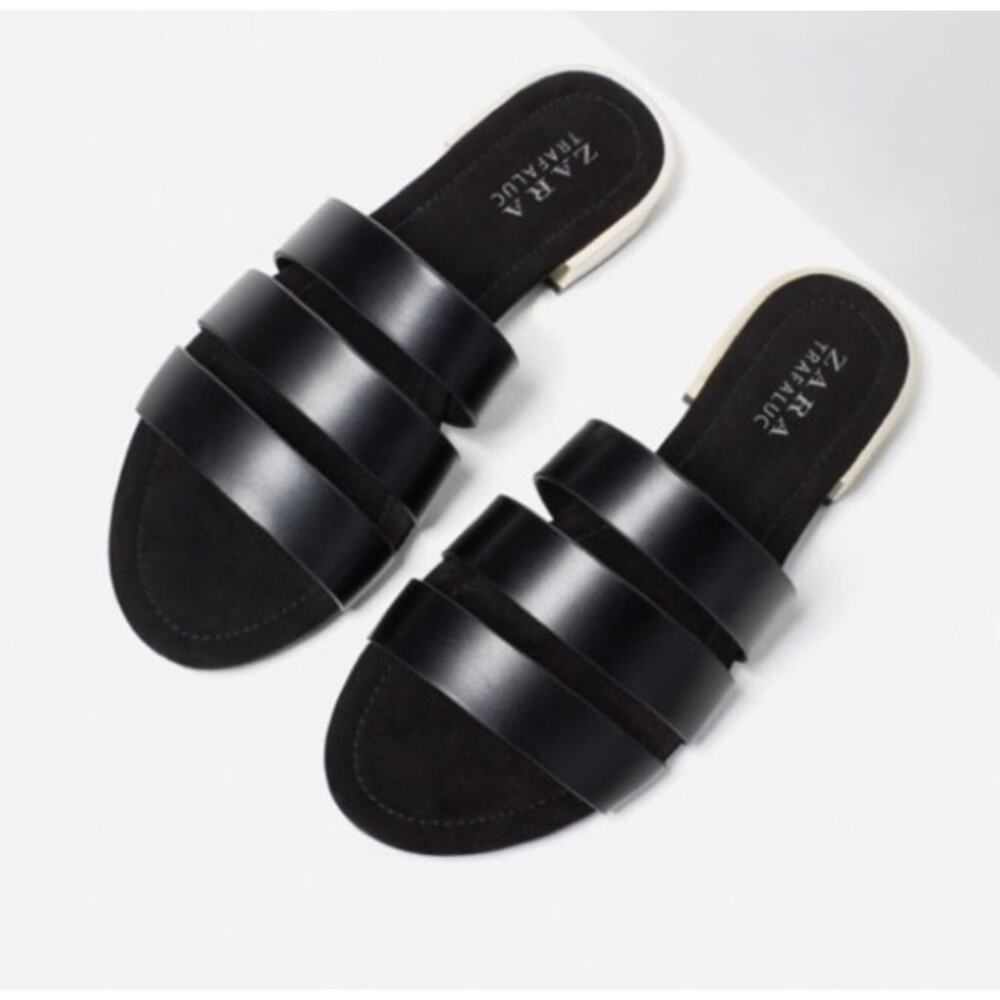 ZARA TRAFALUC | Black Flat Slide Band Sandals Chrome Silver Mini Heel | 40, US 9
